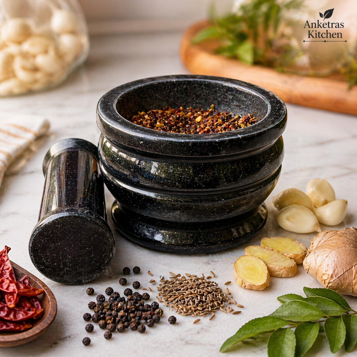 Anketras Kitchen Mortar and Pestle Set, Granite, 5 Inch, Spiral Design, Heavy Duty Stone Grinding Bowl for Herbs, Spices & Ayurvedic Use